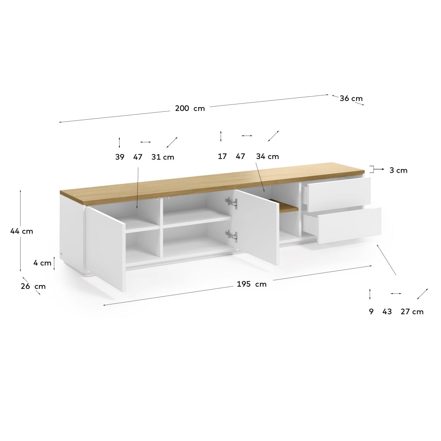 Mobile TV Abilen 2 ante 2 cassetti impiallacciato rovere laccato bianco 200x44 cm