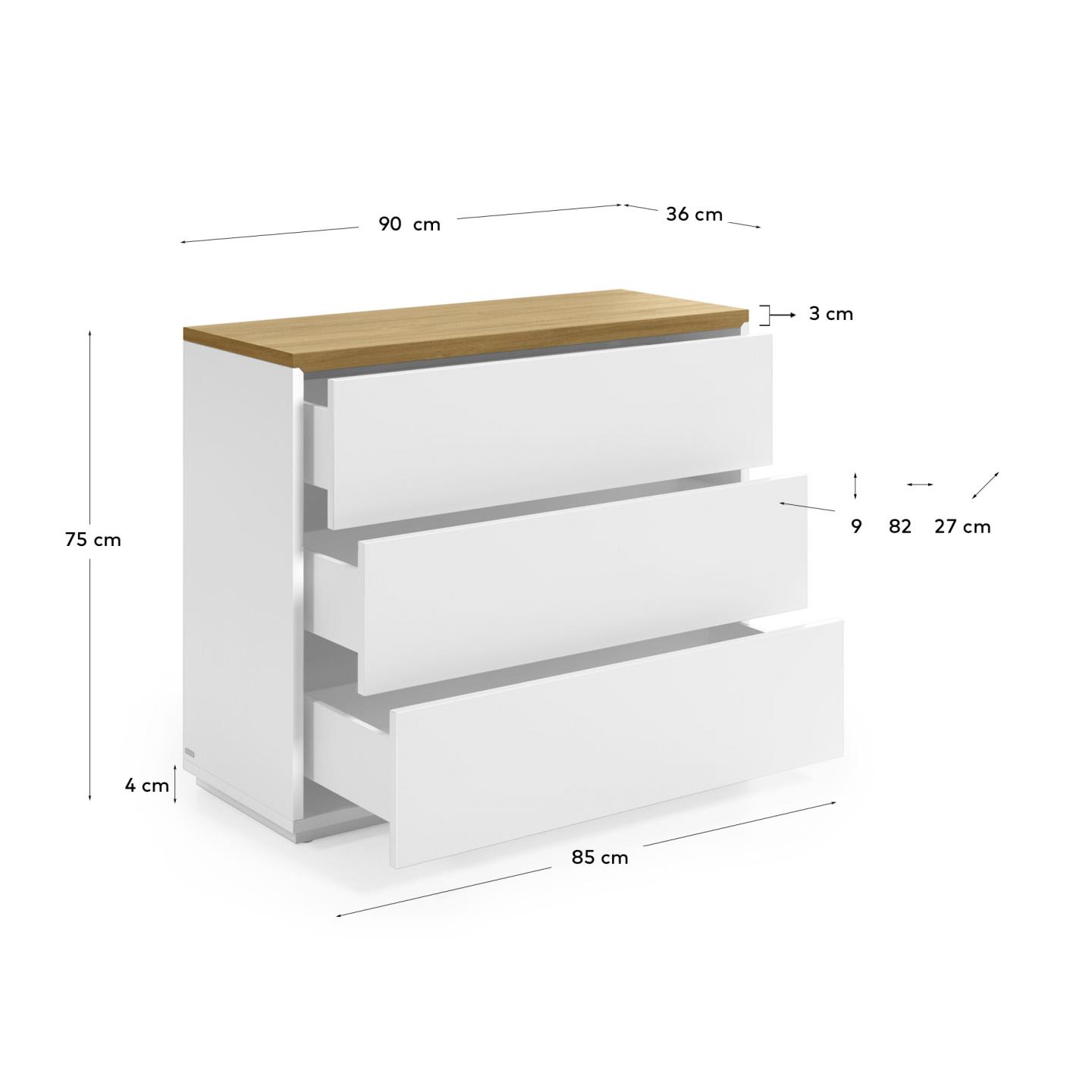 Cassettiera Abilen 3 cassetti impiallacciato rovere e laccato bianco 90 x 75 cm