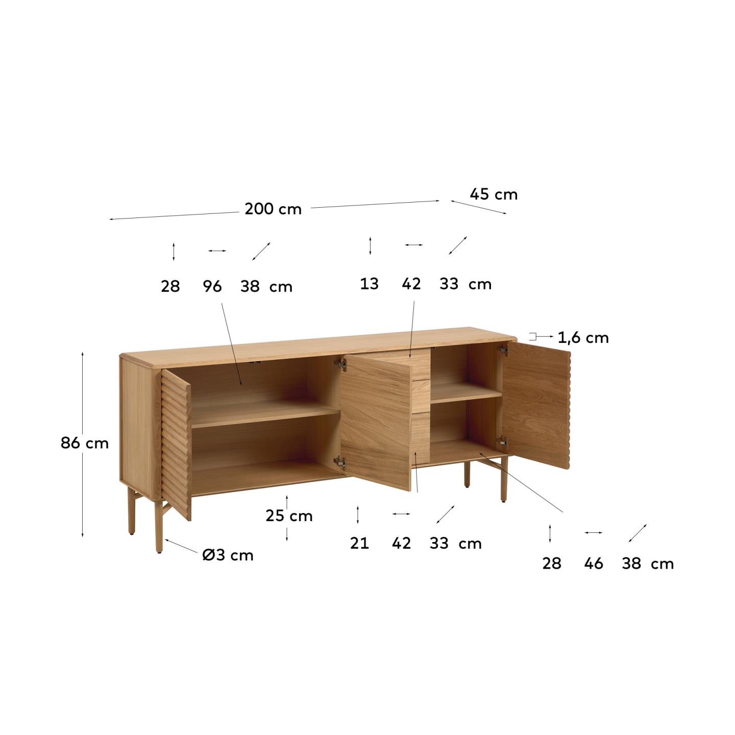 Credenza Lenon 3 ante 3 cassetti legno e impiallacciatura rovere 200x86 cm