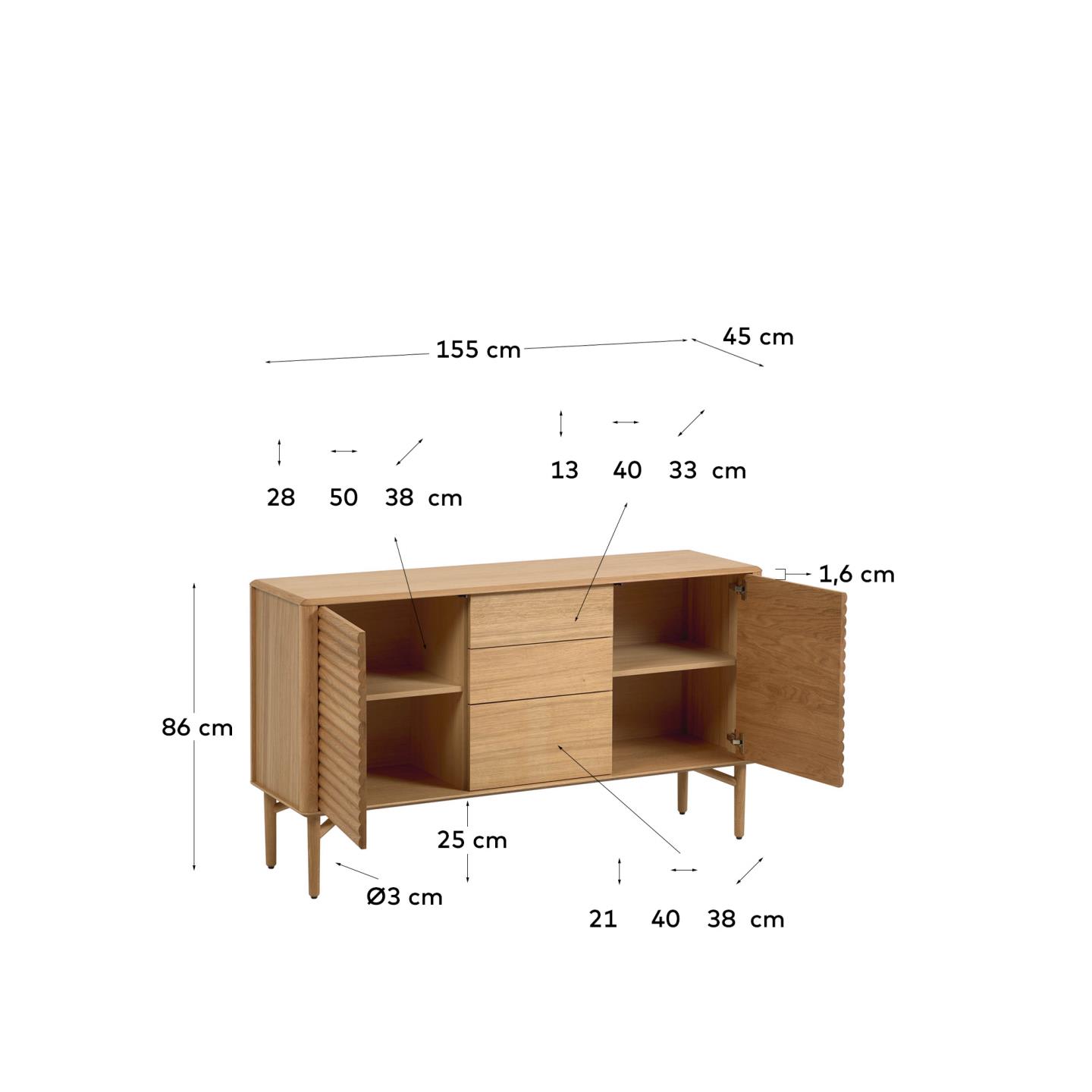 Credenza Lenon 2 ante 3 cassetti legno e impiallacciatura rovere 155x86cm