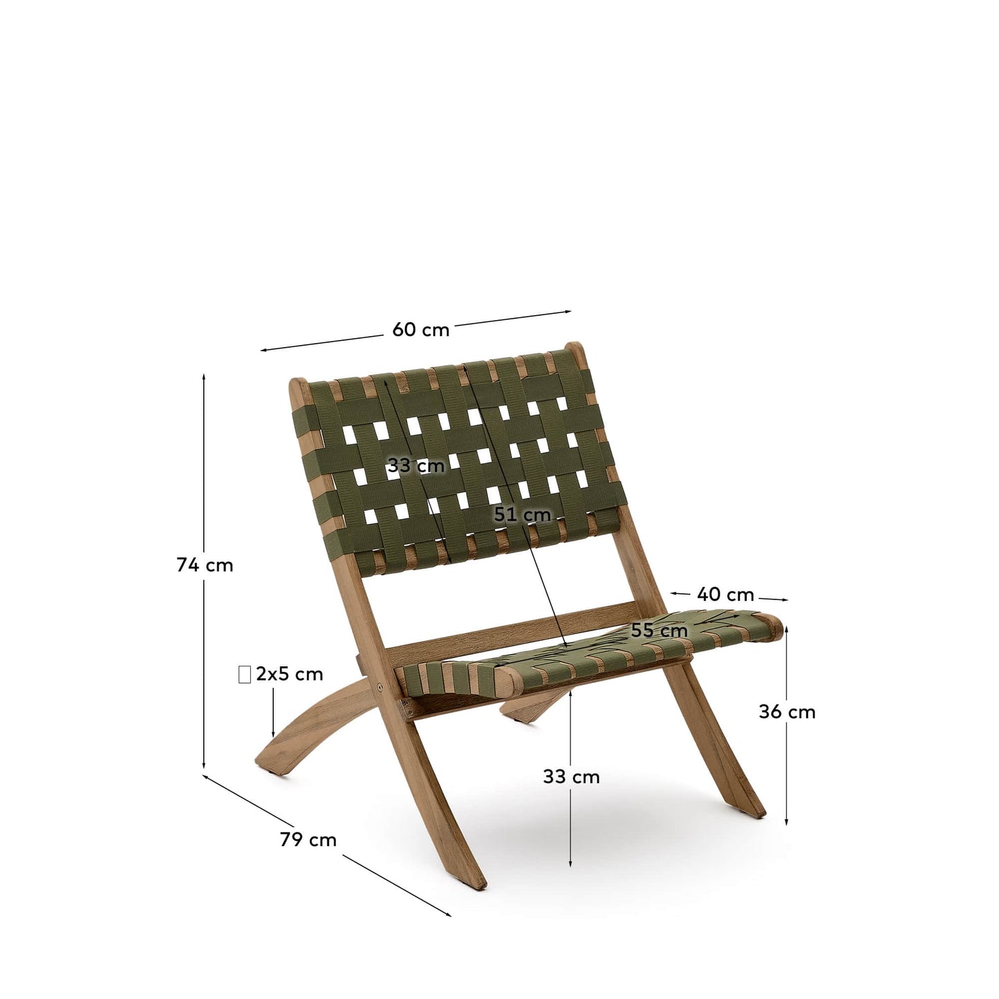 Sedia pieghevole Chabeli in legno massello di acacia e corda verde