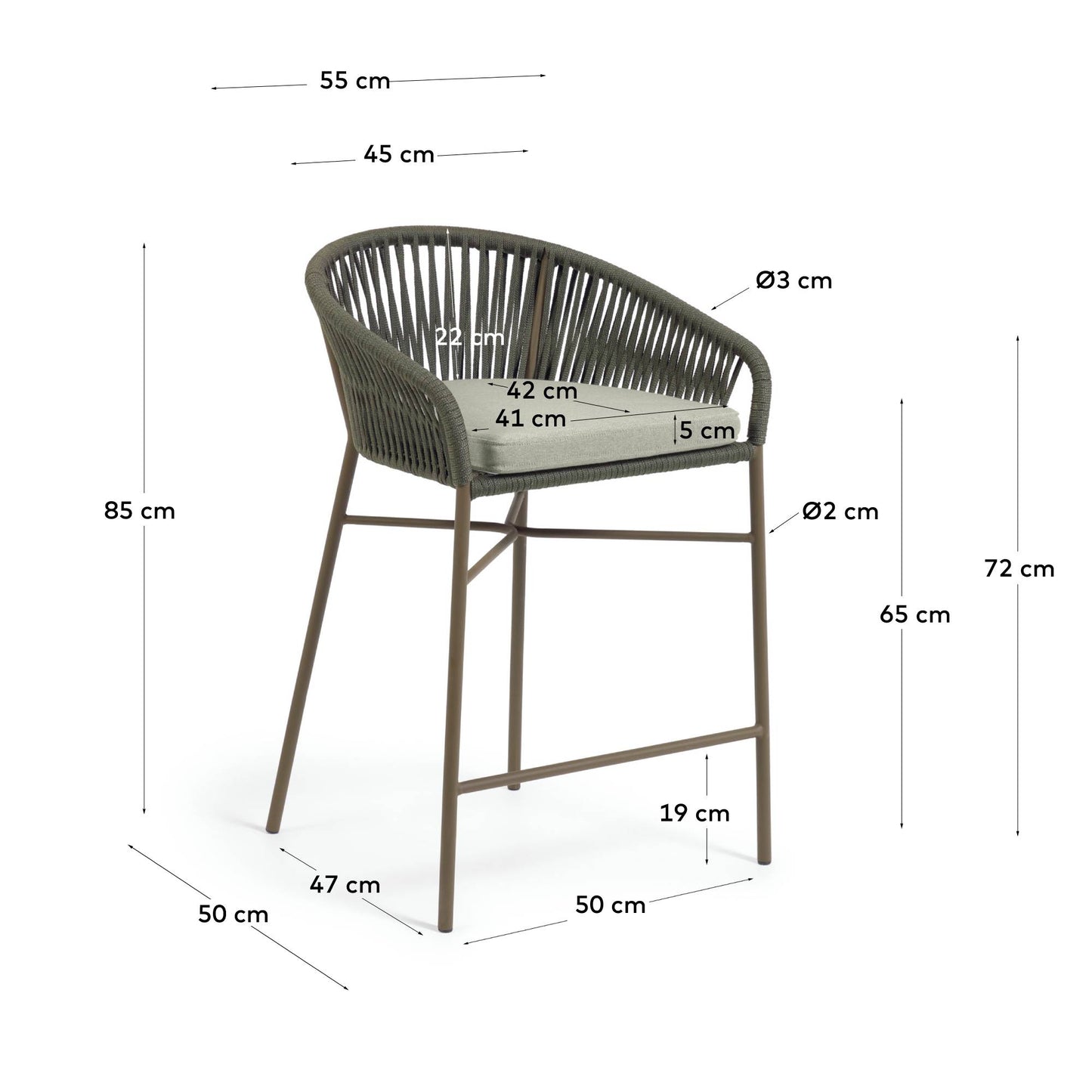 Sgabello Yanet in corda verde altezza 65 cm