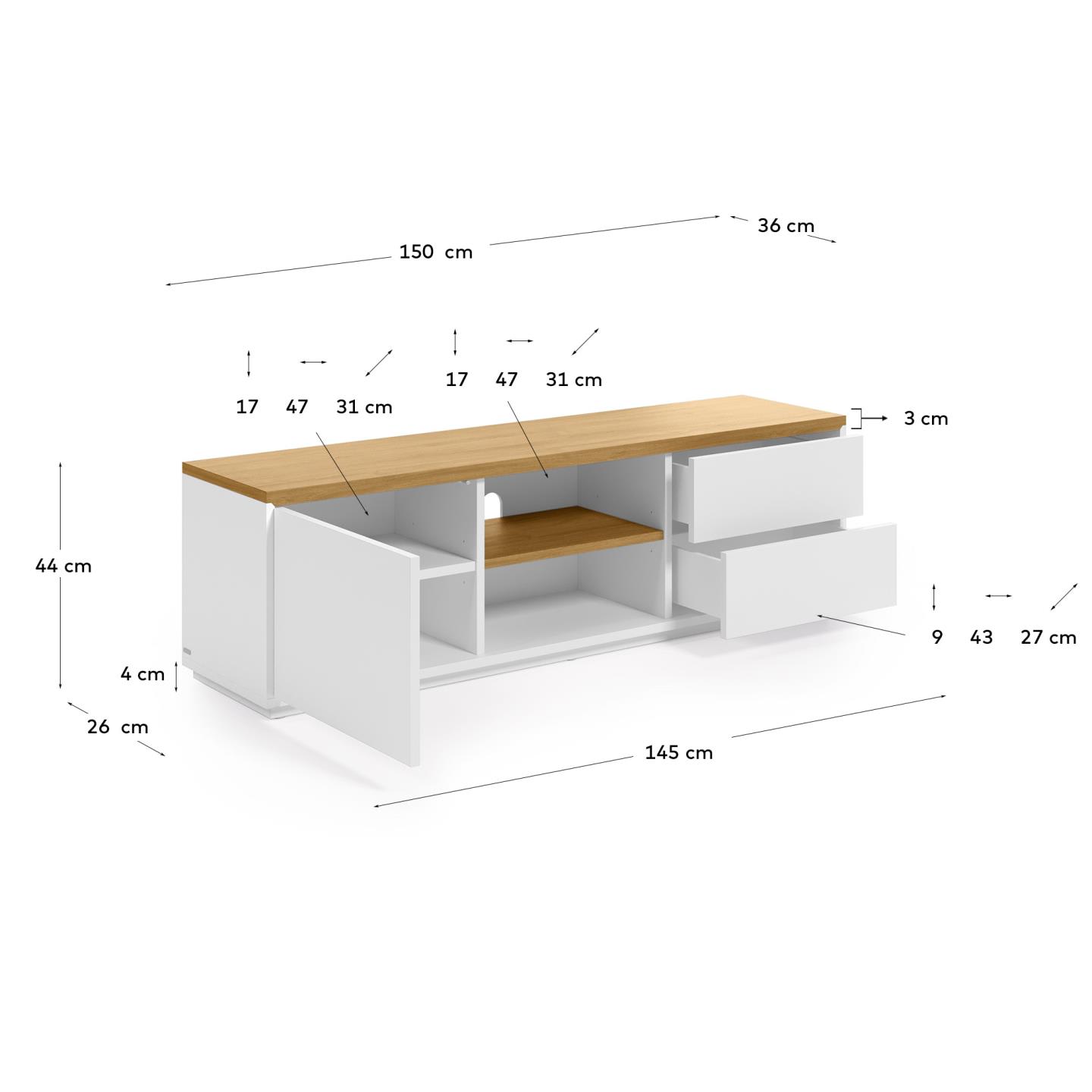 Mobile TV Abilen 1 anta 2 cassetti impiallacciato rovere laccato bianco 150x44cm