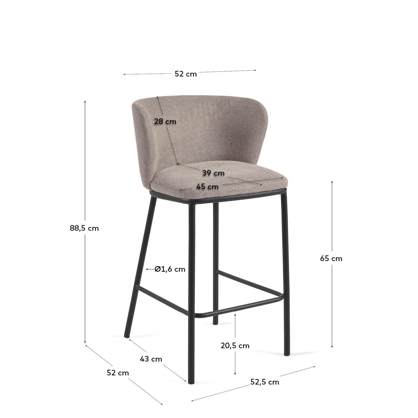 Sgabello Ciselia in ciniglia marrone chiaro gambe acciaio nero altezza 65 cm