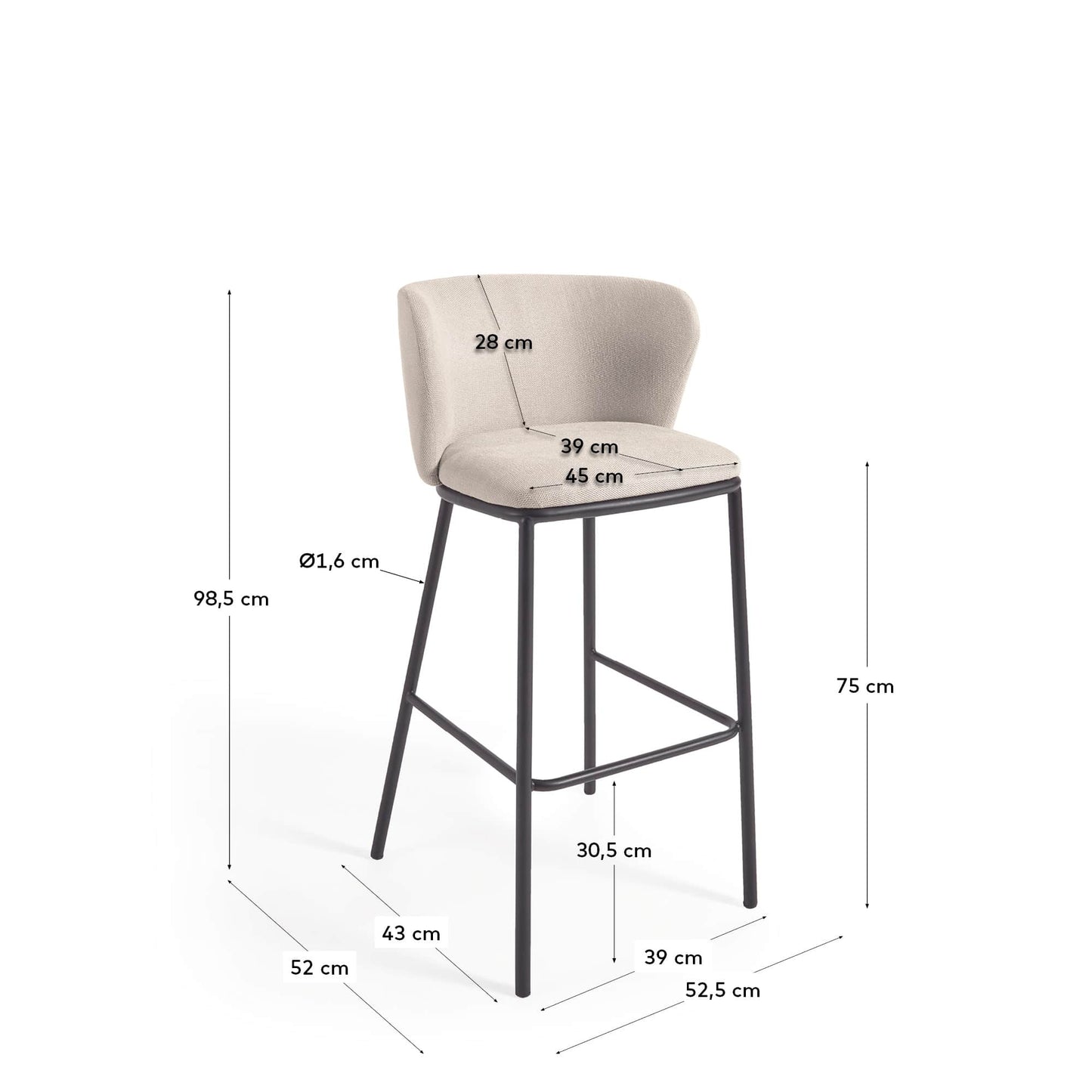 Sgabello Ciselia in ciniglia beige e gambe acciaio nero altezza 75 cm