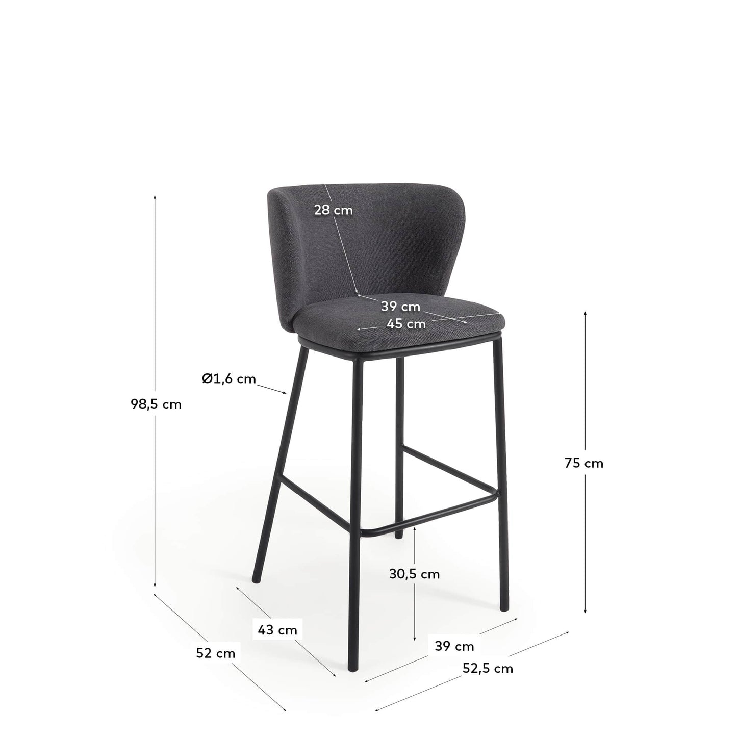Sgabello Ciselia in ciniglia grigio scuro e gambe acciaio nero altezza 75 cm