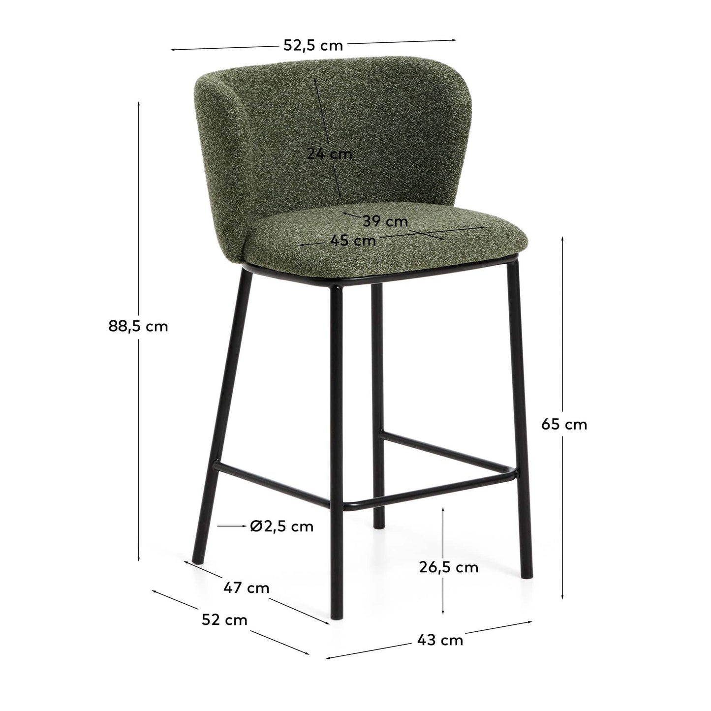 Sgabello Ciselia in ciniglia spessa verde scuro e gambe in acciaio finitura nera 65 cm