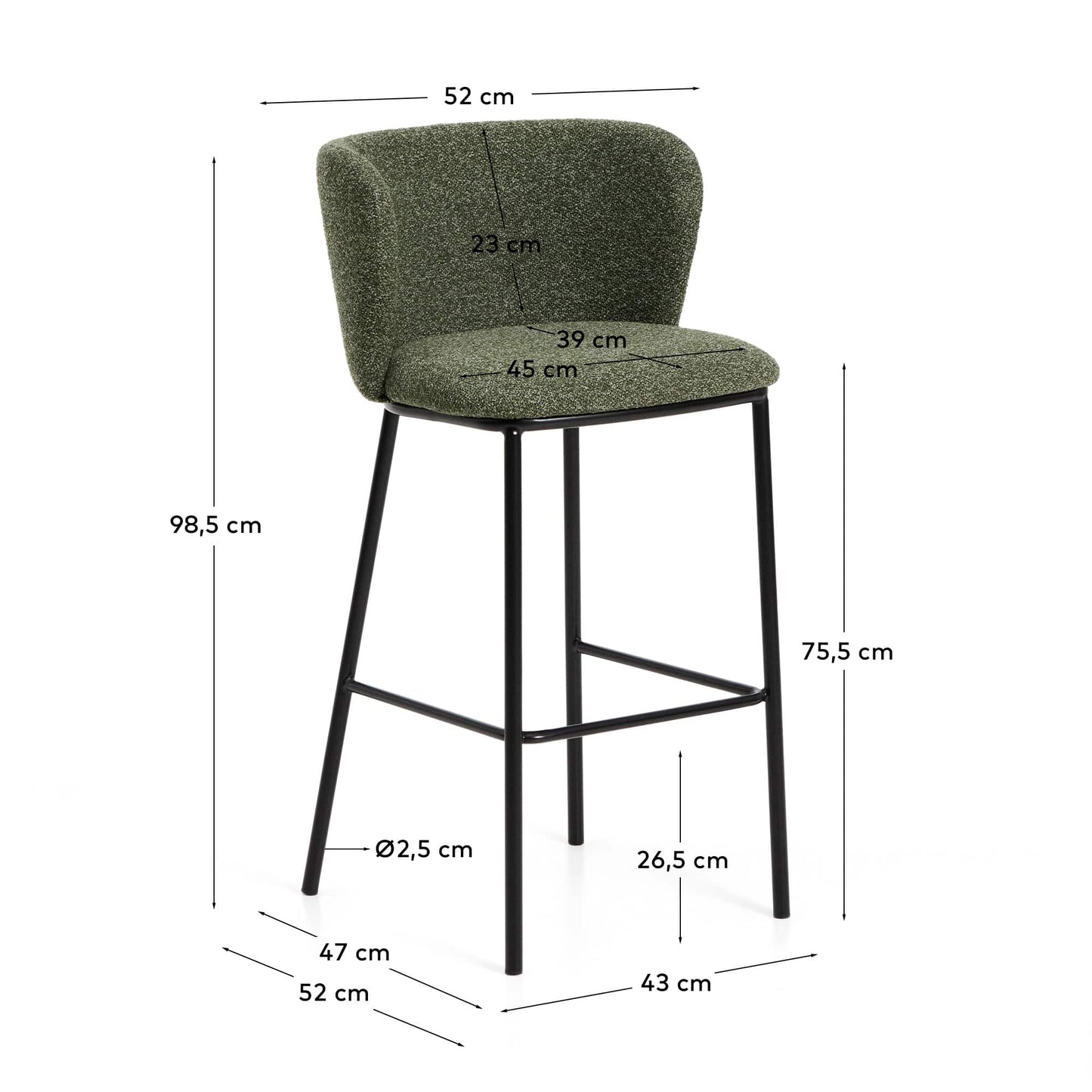 Sgabello Ciselia in shearling verde e acciaio nero altezza 75 cm