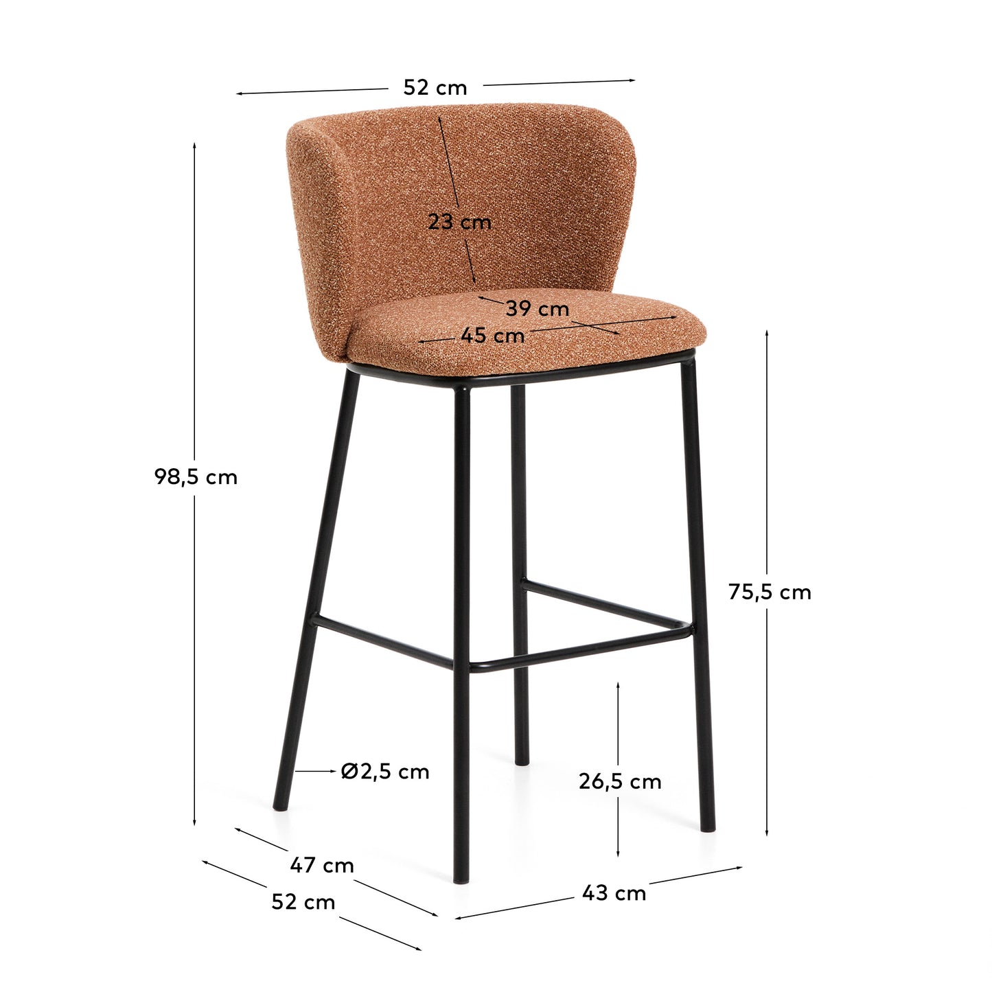 Sgabello Ciselia in ciniglia spessa terracotta e gambe in acciaio finitura nera 75 cm