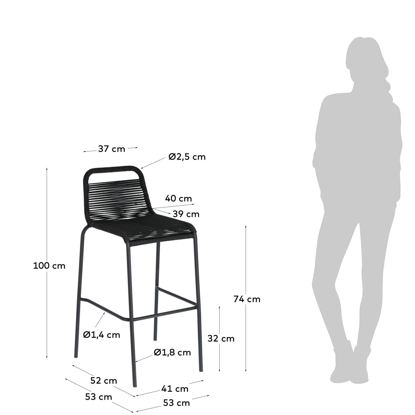 Sgabello Lambton in corda nera e acciaio finitura nera altezza 74 cm
