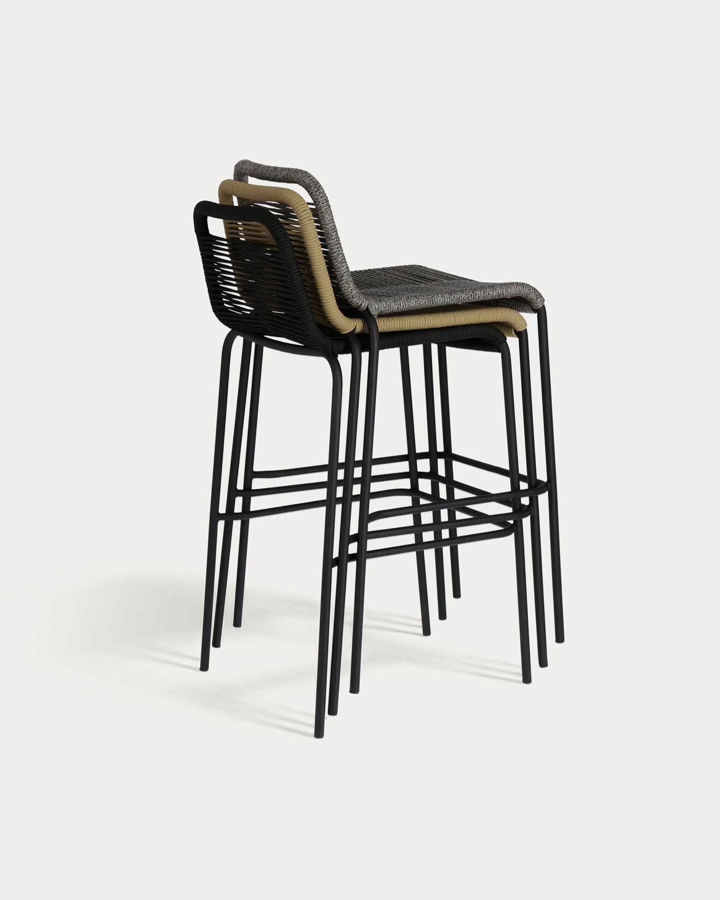 Sgabello Lambton in corda marrone e acciaio finitura nera altezza 74 cm