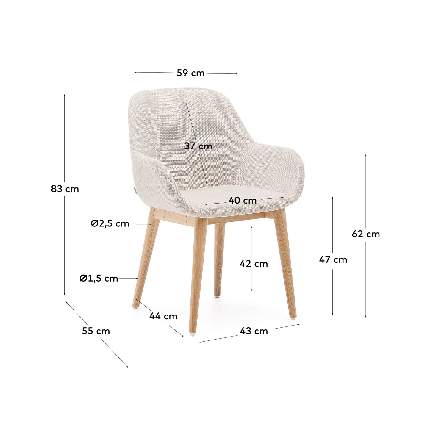 Sedia Konna beige con gambe in legno massello di frassino finitura naturale