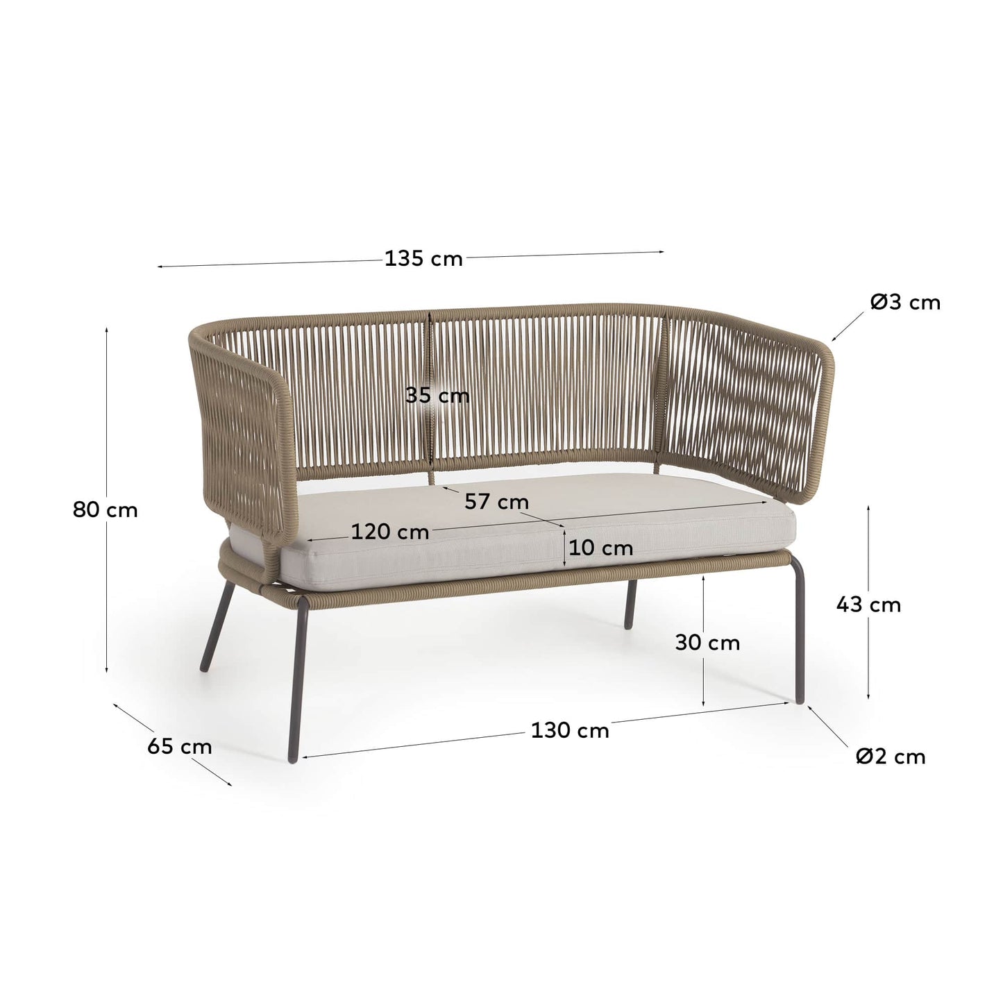 Divano Nadin 2 posti in corda beige e acciaio zincato 135 cm