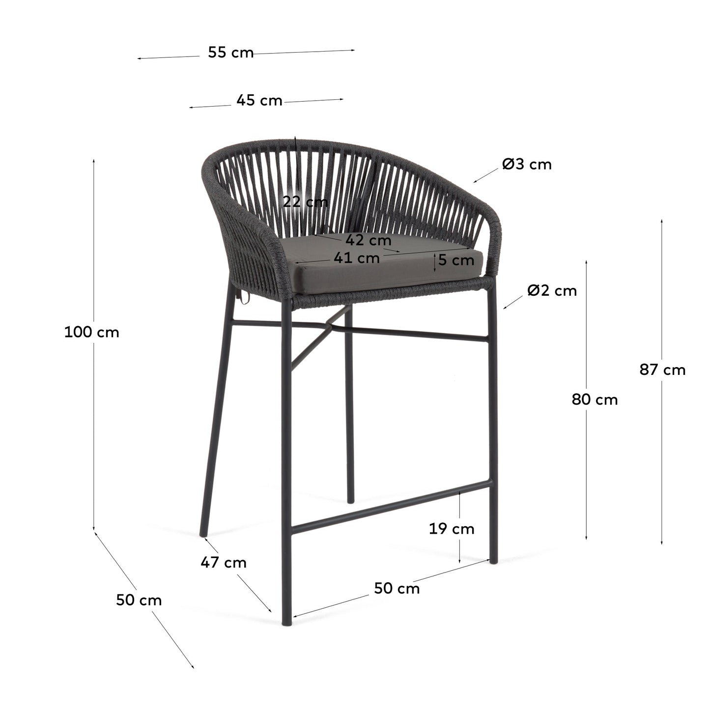 Sgabello Yanet in corda nera altezza 80 cm