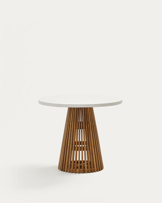 Tavolo rotondo da esterni Alcaufar in legno massiccio di teak e cemento bianco Ø 90 cm