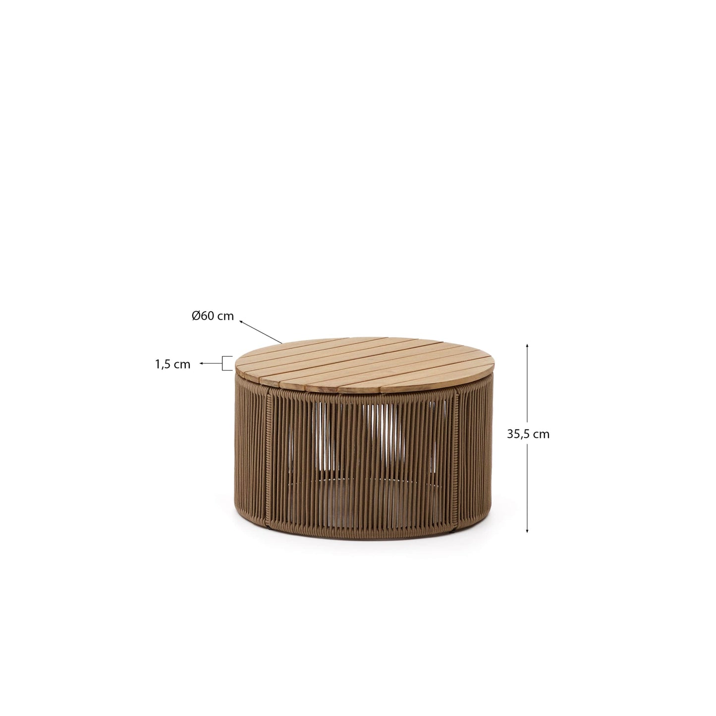Tavolino Dandara in acciaio, corda beige e gambe in legno massiccio di acacia Ø60 cm