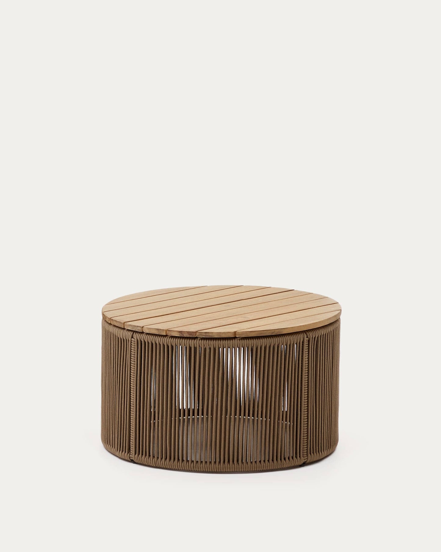 Tavolino Dandara in acciaio, corda beige e gambe in legno massiccio di acacia Ø60 cm