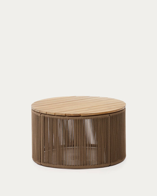 Tavolino Dandara in acciaio, corda beige e gambe in legno massiccio di acacia Ø70 cm