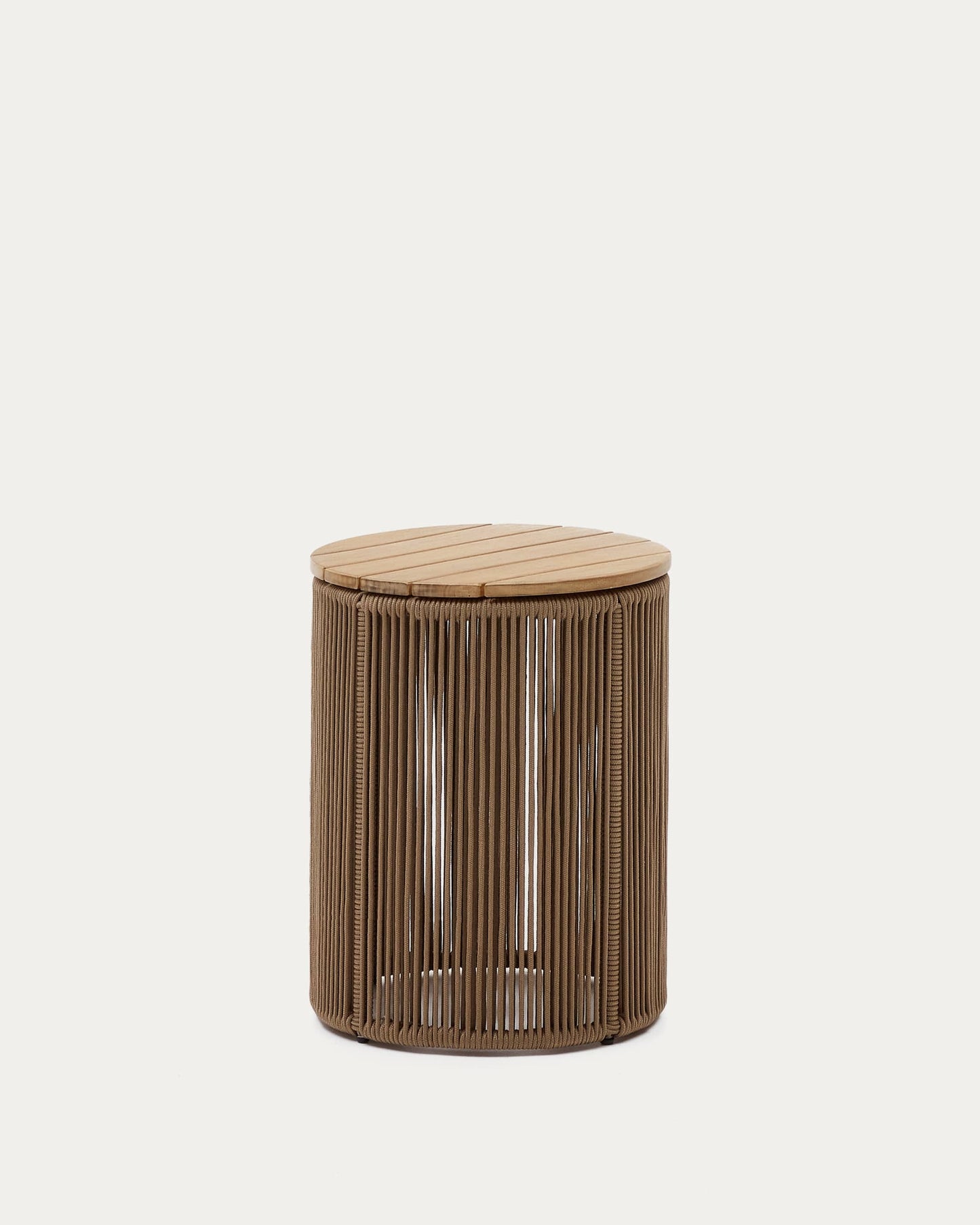 Tavolino Dandara in acciaio, corda beige e gambe in legno massiccio di acacia Ø40 cm