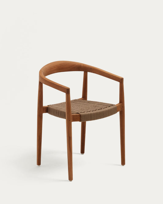 Sedia impilabile da esterno Ydalia in legno massiccio di teak con finitura naturale e corda beige