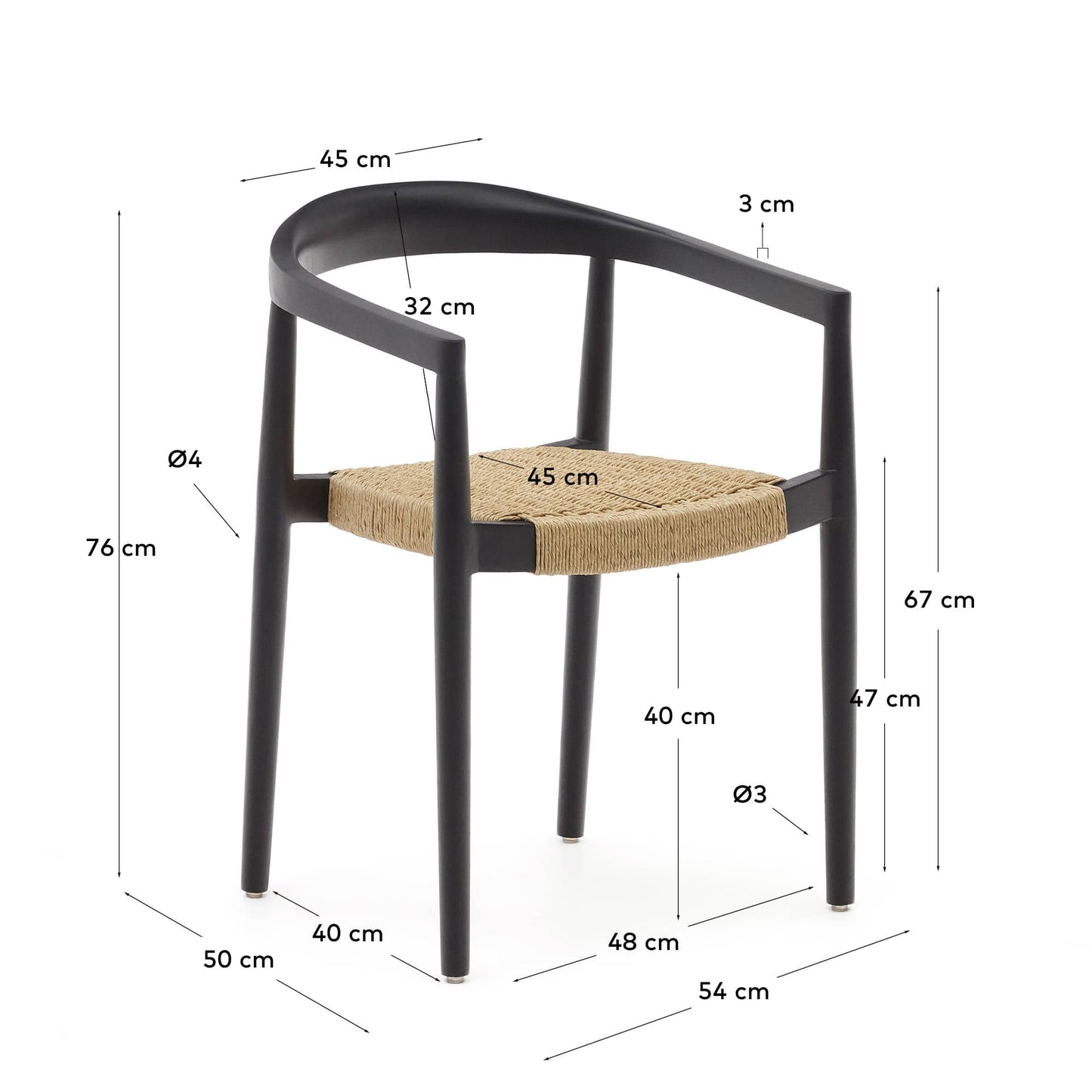 Sedia impilabile Ydalia in legno massello di teak con finitura nero e corda di rattan sintetico