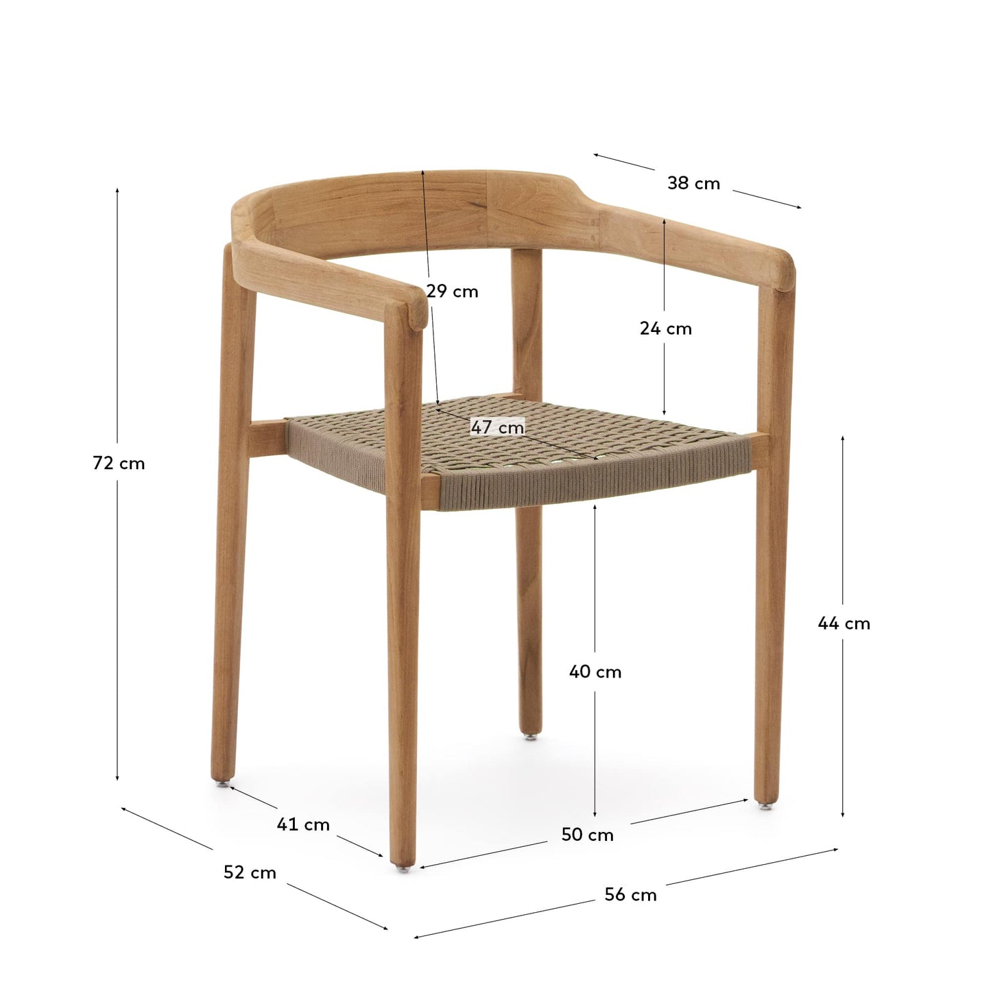Sedia impilabile Icaro in legno massiccio di teak con finitura naturale e corda in beige