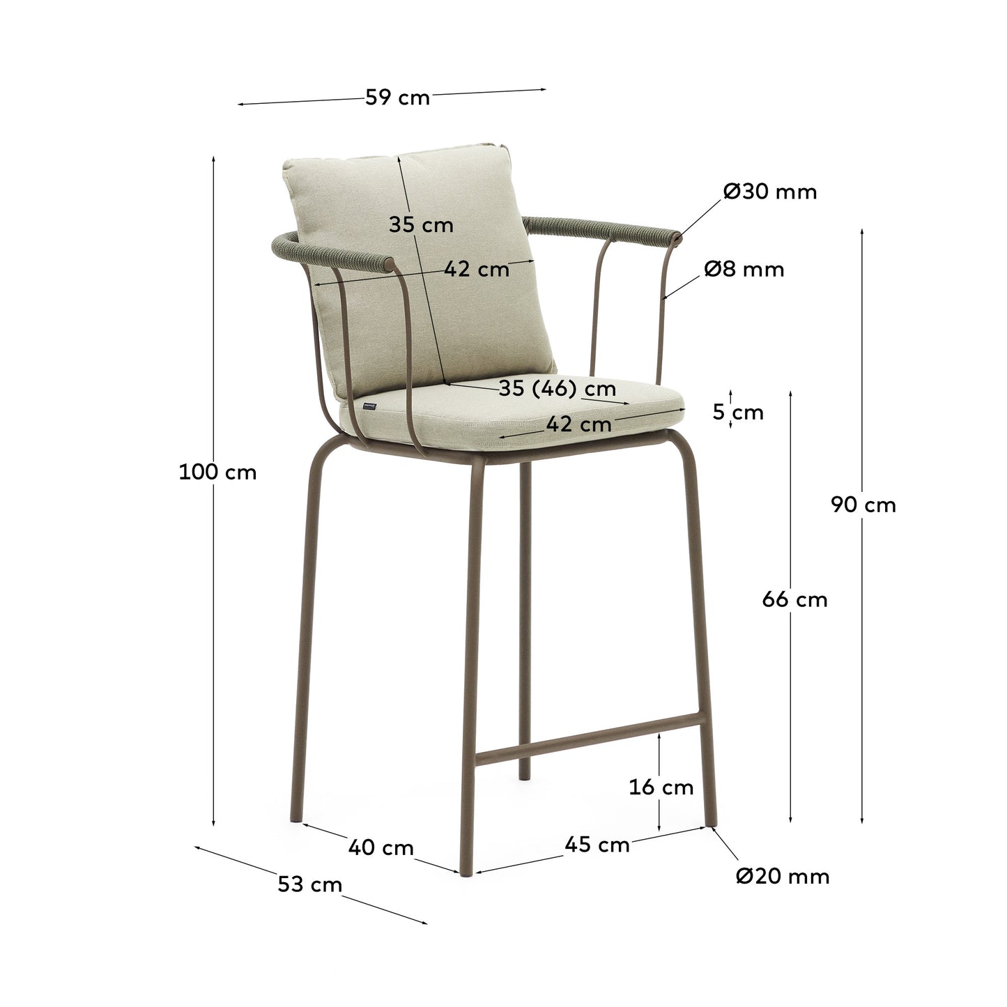Sgabello Salguer in corda e acciaio con finitura marrone 66 cm