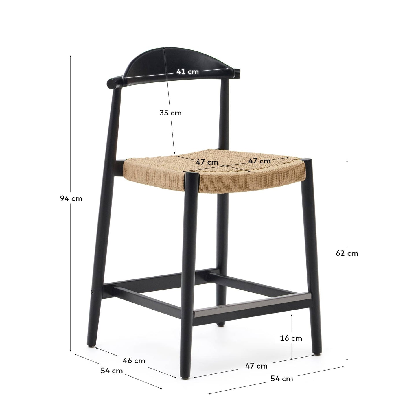 Sgabello Nina legno massiccio di acacia finitura nera e corda beige altezza 62cm