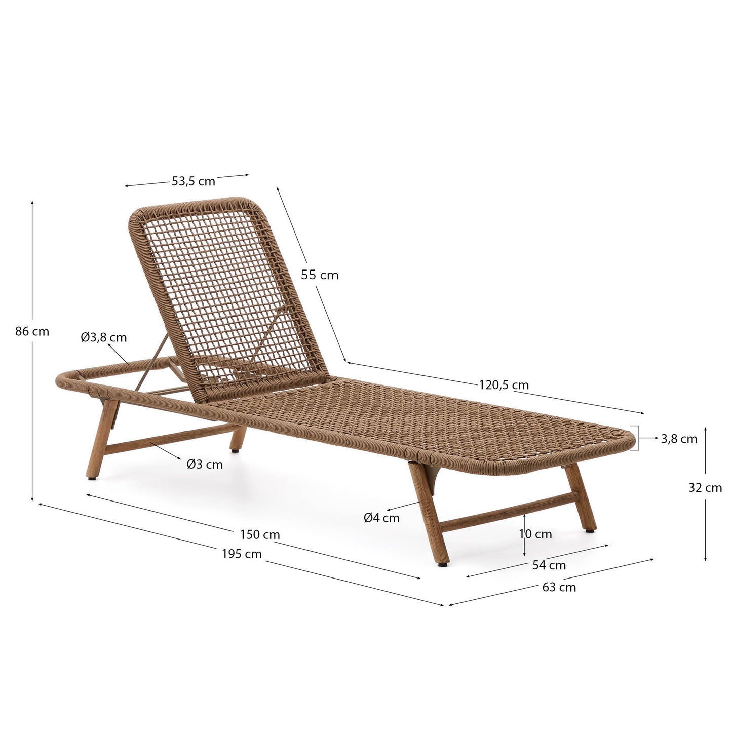 Lettino Dandara con struttura in acciaio con corda beige e gambe in legno massiccio di acacia