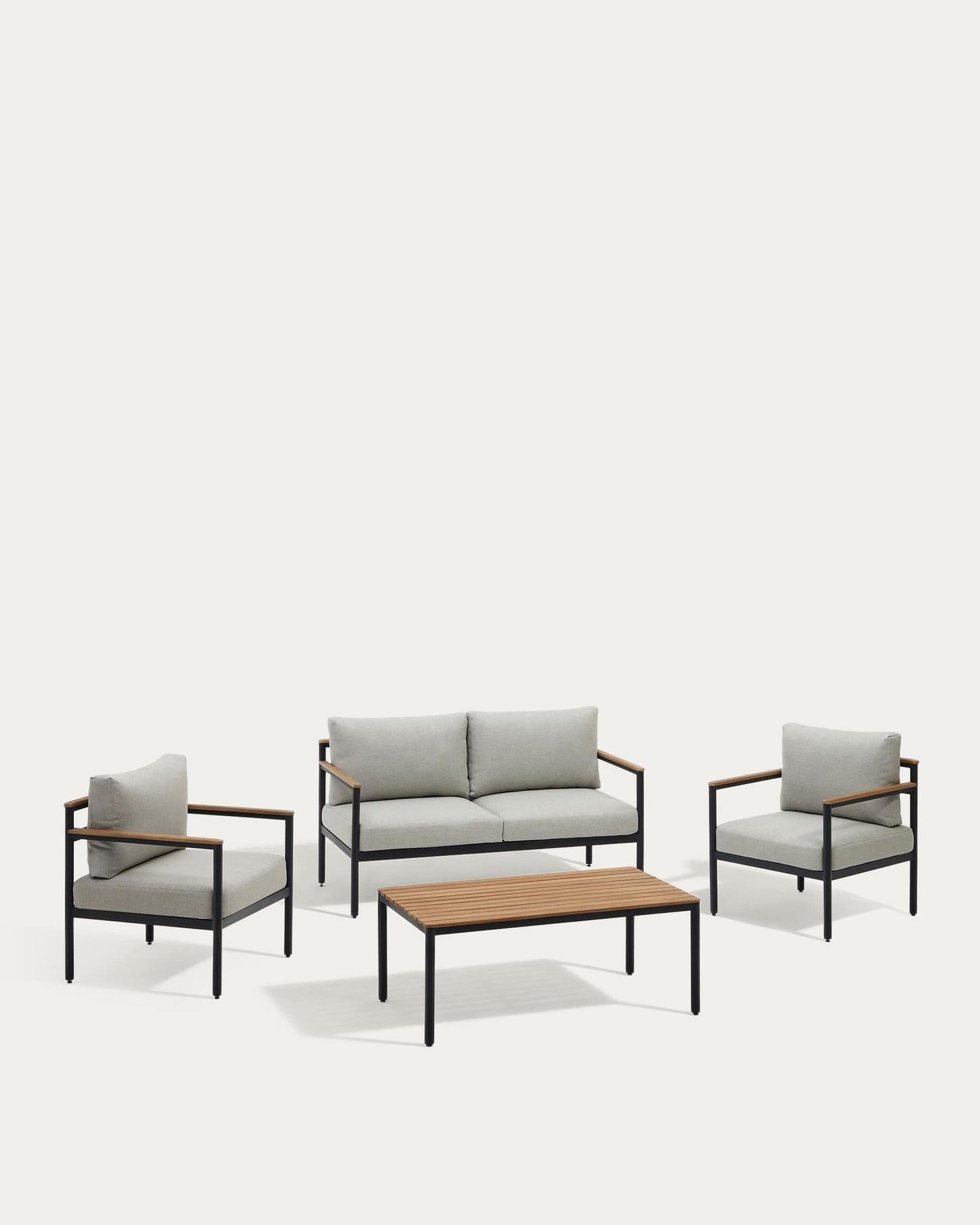 Set Aiguafreda divano 2 posti, 2 poltrone, un tavolino alluminio grigio e legno acacia