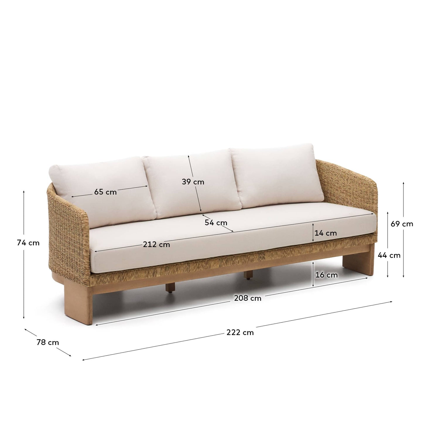 Divano Xoriguer a 3 posti in rattan sintetico e legno massiccio di eucalipto 223 cm