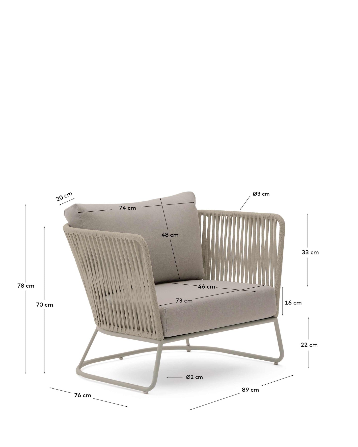 Poltrona da esterno Saconca in corda e acciaio zincato beige