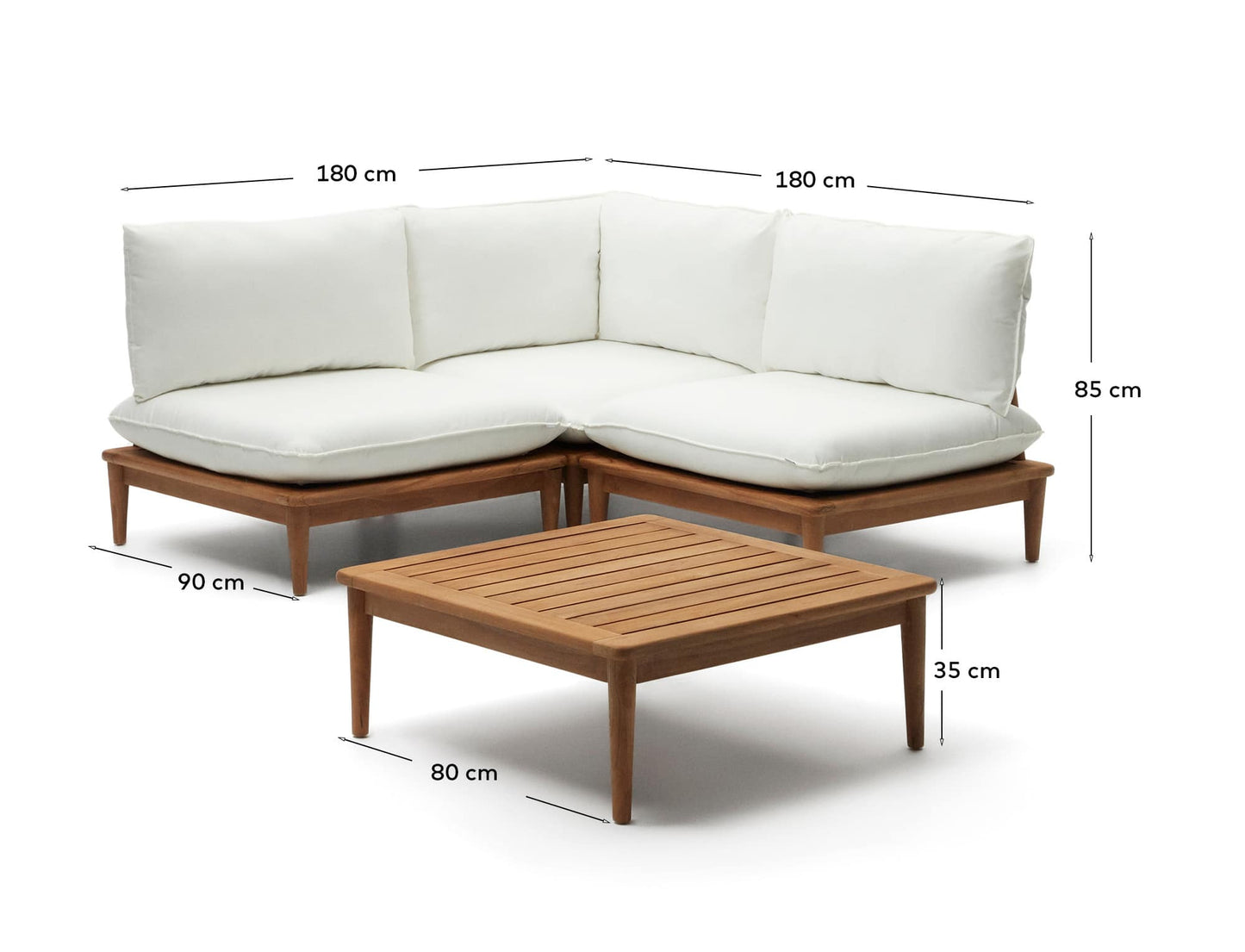 Set modulare Portitxol poltrona angolare, 2 poltrone e tavolino in legno massiccio di teak 180 x 180 cm