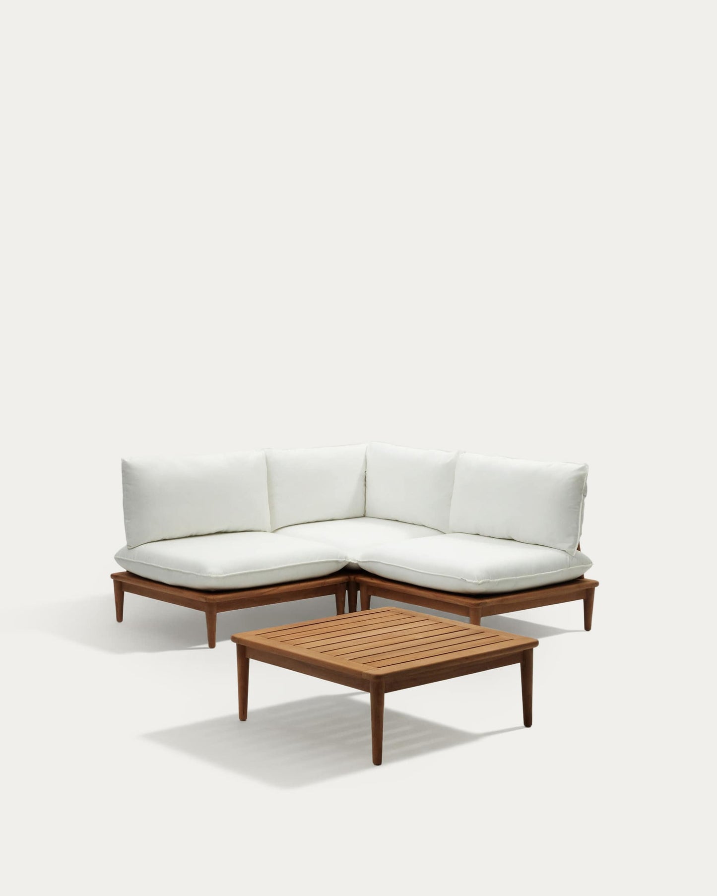 Set modulare Portitxol poltrona angolare, 2 poltrone e tavolino in legno massiccio di teak 180 x 180 cm