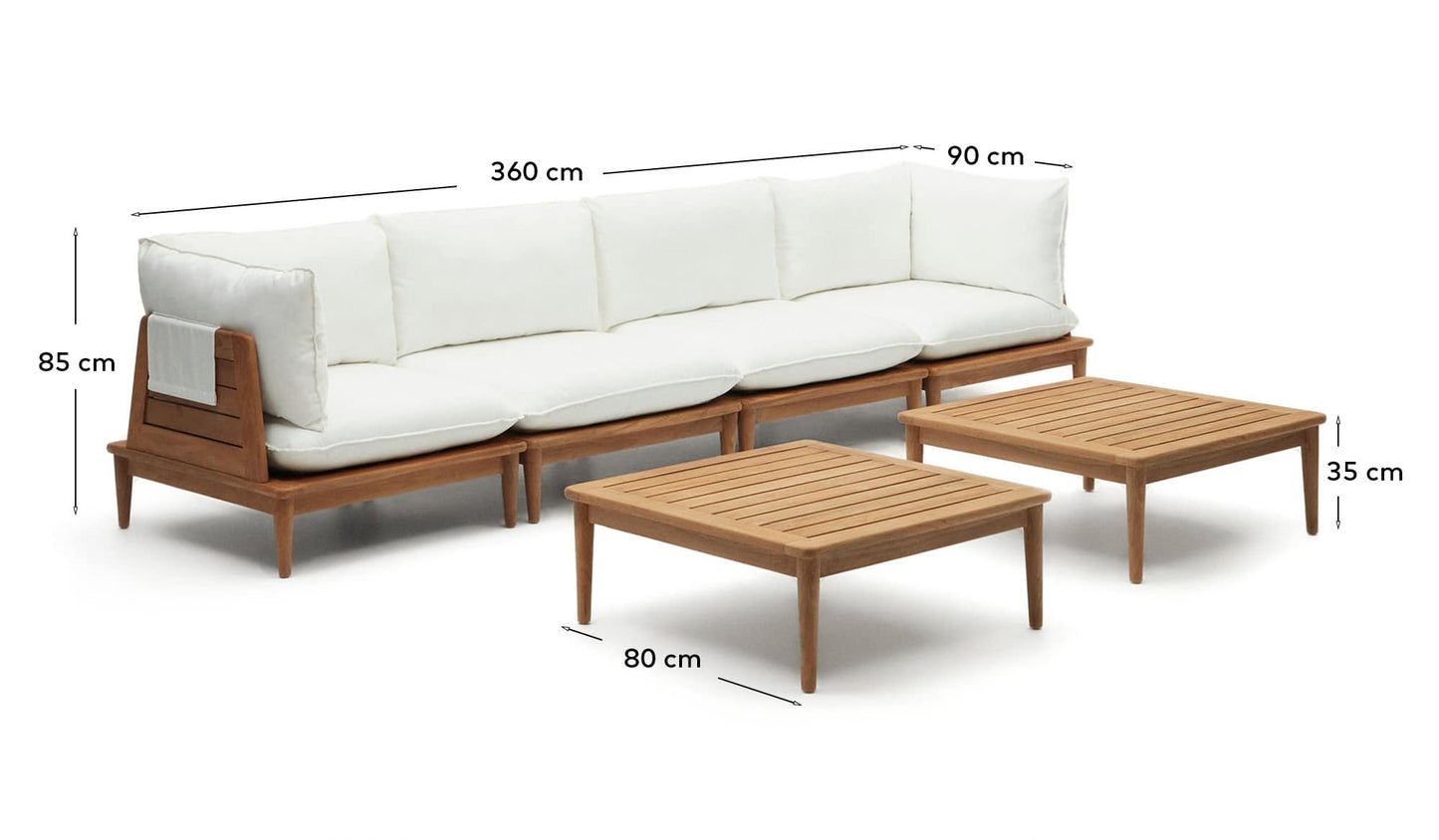 Set modulare Portitxol 2 poltrone angolari, 2 poltrone e 2 tavolini in massiccio di teak 360 cm