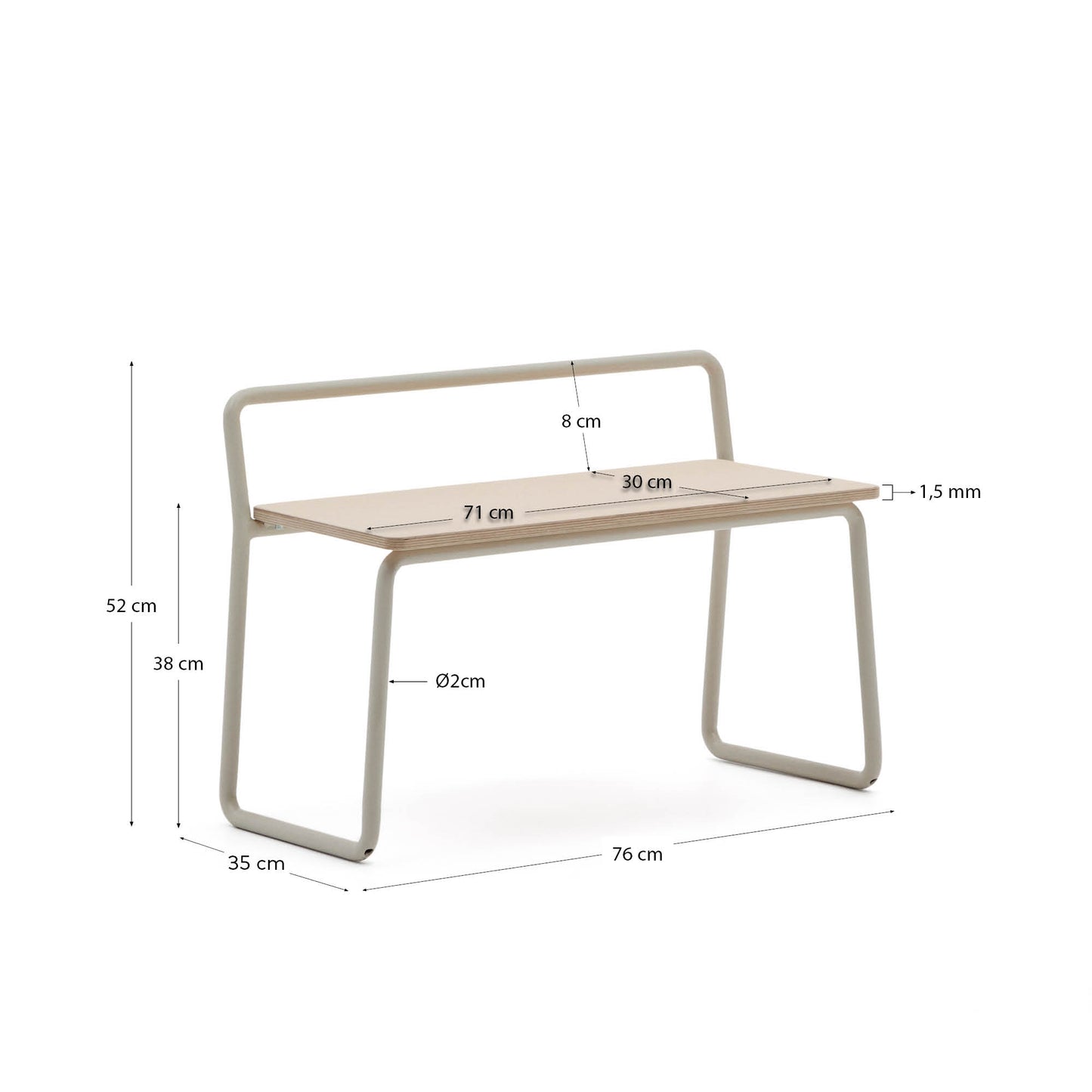 Panchina Tinn in impiallacciatura di frassino e struttura in metallo beige 75 cm