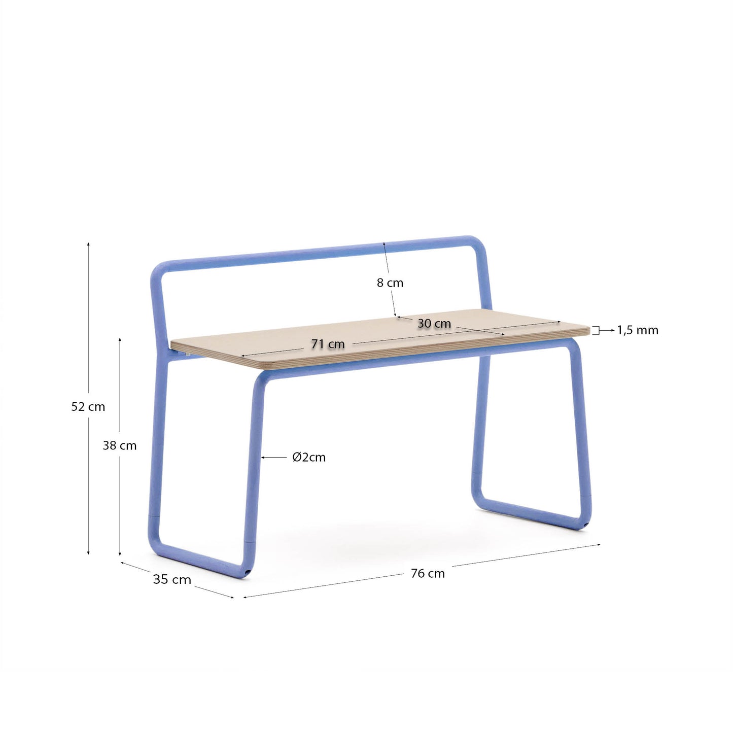 Panchina Tinn in impiallacciatura di frassino e struttura in metallo blu 75 cm