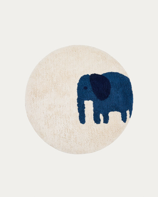 Tappeto rotondo Tandani in cotone beige con elefante blu Ø 100 cm