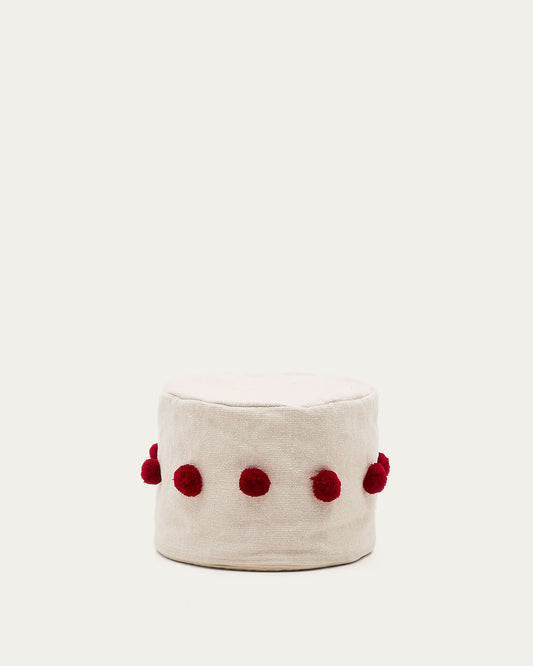 Pouf Manua di cotone beige con nappe rosse Ø 40 cm