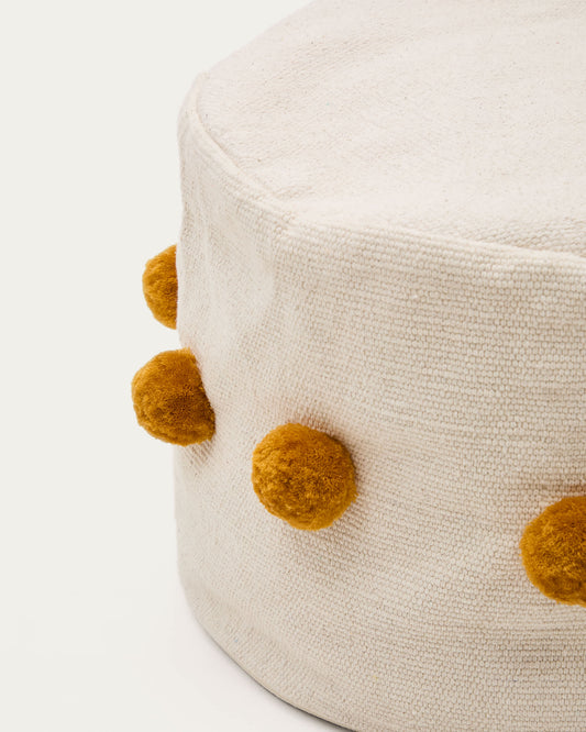 Pouf Manua di cotone beige con nappe mostarda Ø 40 cm