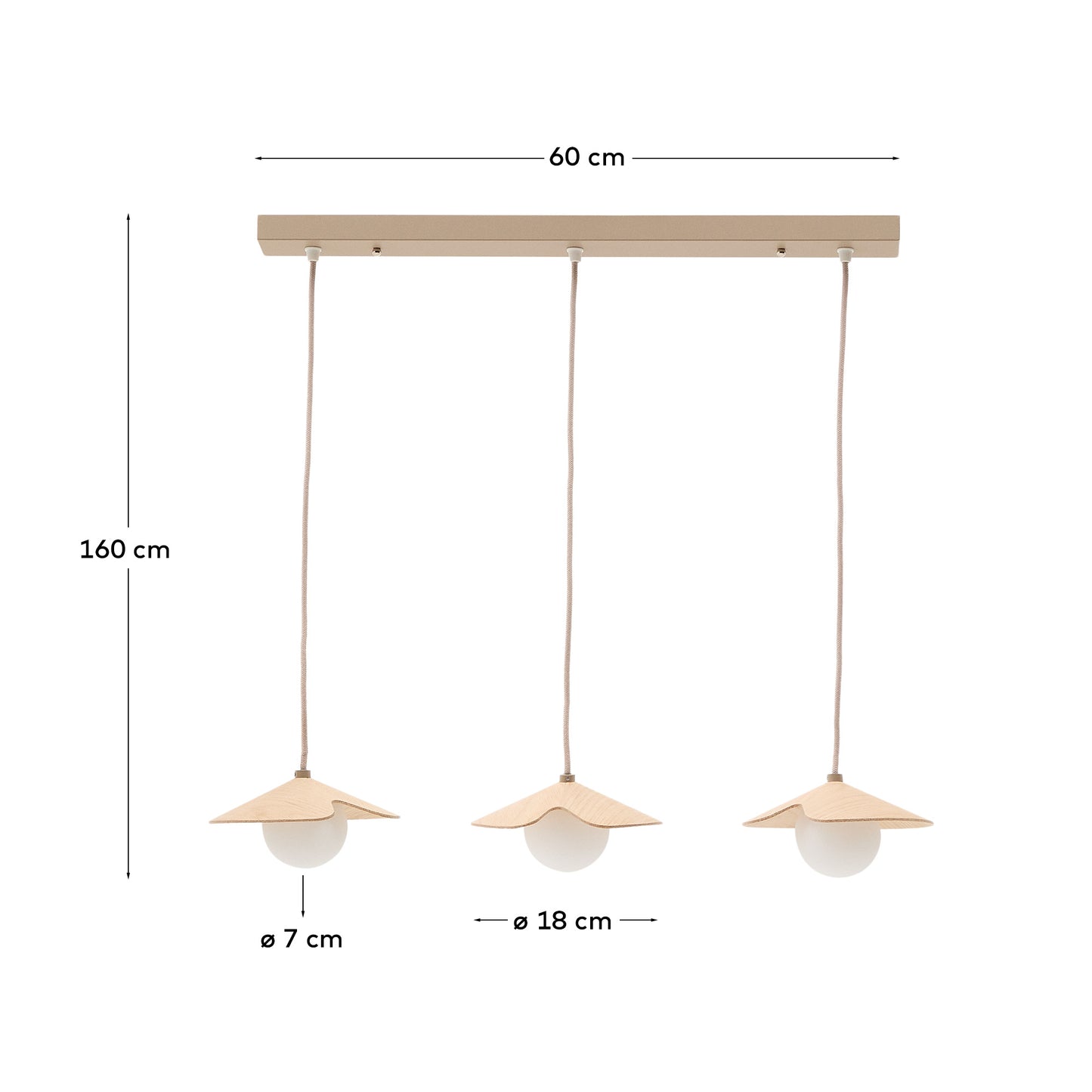 Lampada da soffitto Wilara in impiallacciatura di rovere con 3 perle di vetro fumé bianco