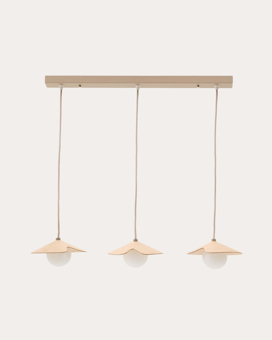 Lampada da soffitto Wilara in impiallacciatura di rovere con 3 perle di vetro fumé bianco