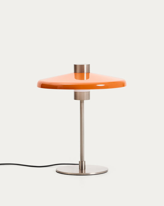 Lampada da tavolo Nuvira in metallo spazzolato grigio chiaro e paralume arancione