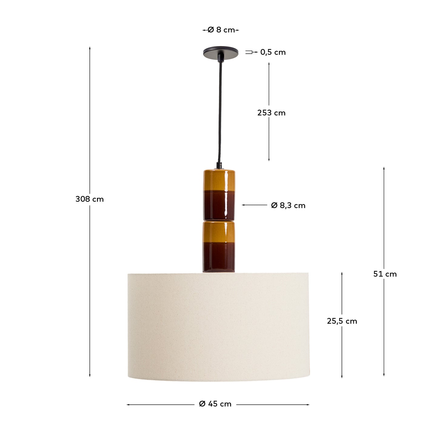 Lampada da soffitto Mavran in ceramica marrone e senape con paralume in cotone