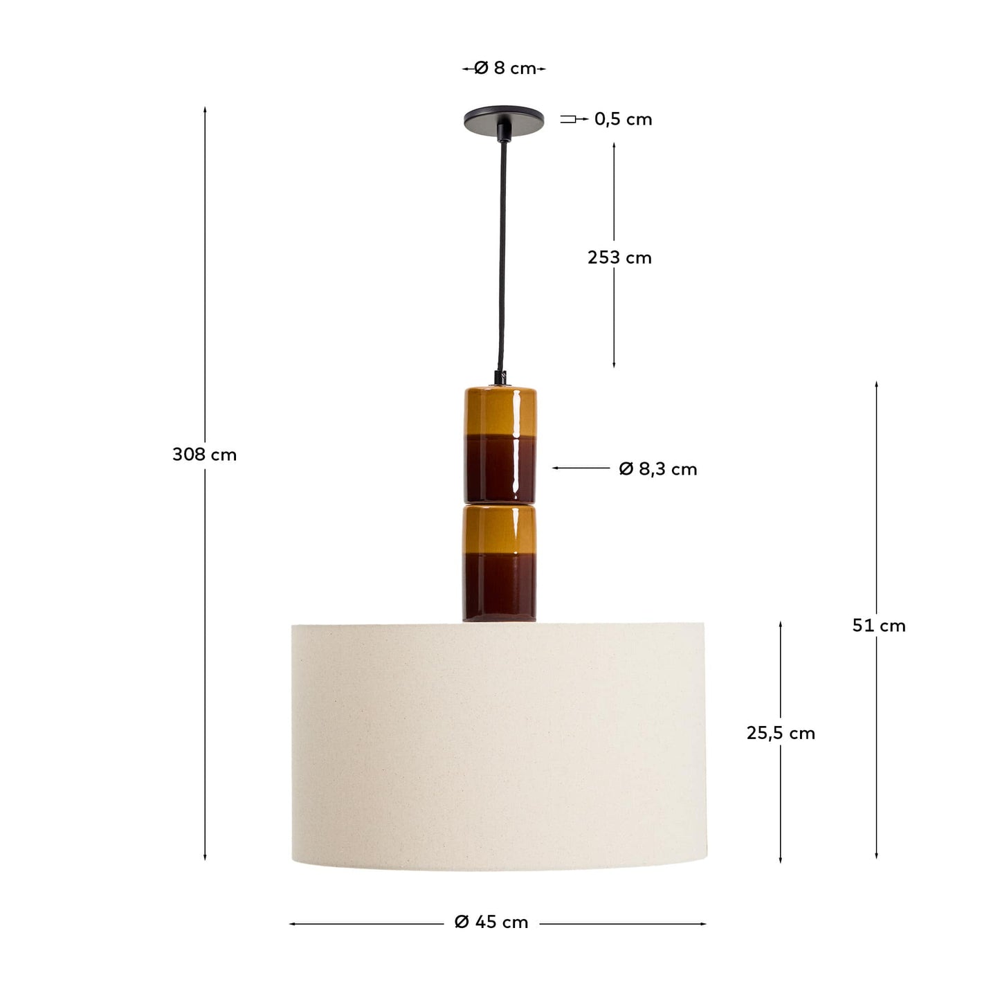 Lampada da soffitto Mavran in ceramica marrone e senape con paralume in cotone