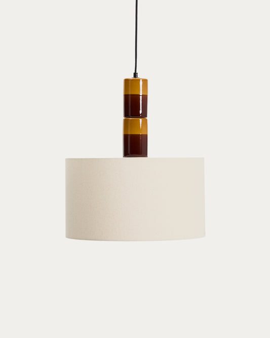 Lampada da soffitto Mavran in ceramica marrone e senape con paralume in cotone