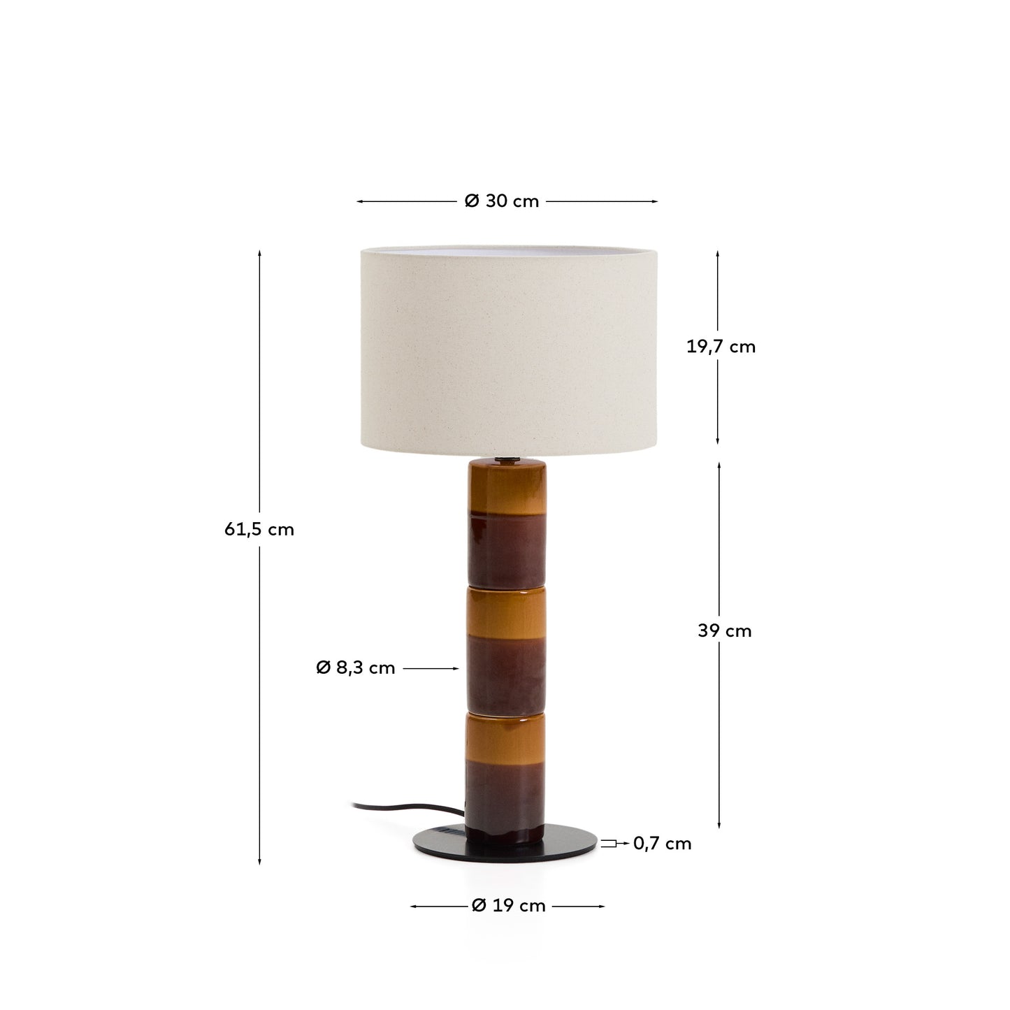 Lampada da tavolo Mavran con base in ceramica marrone e senape e paralume in cotone