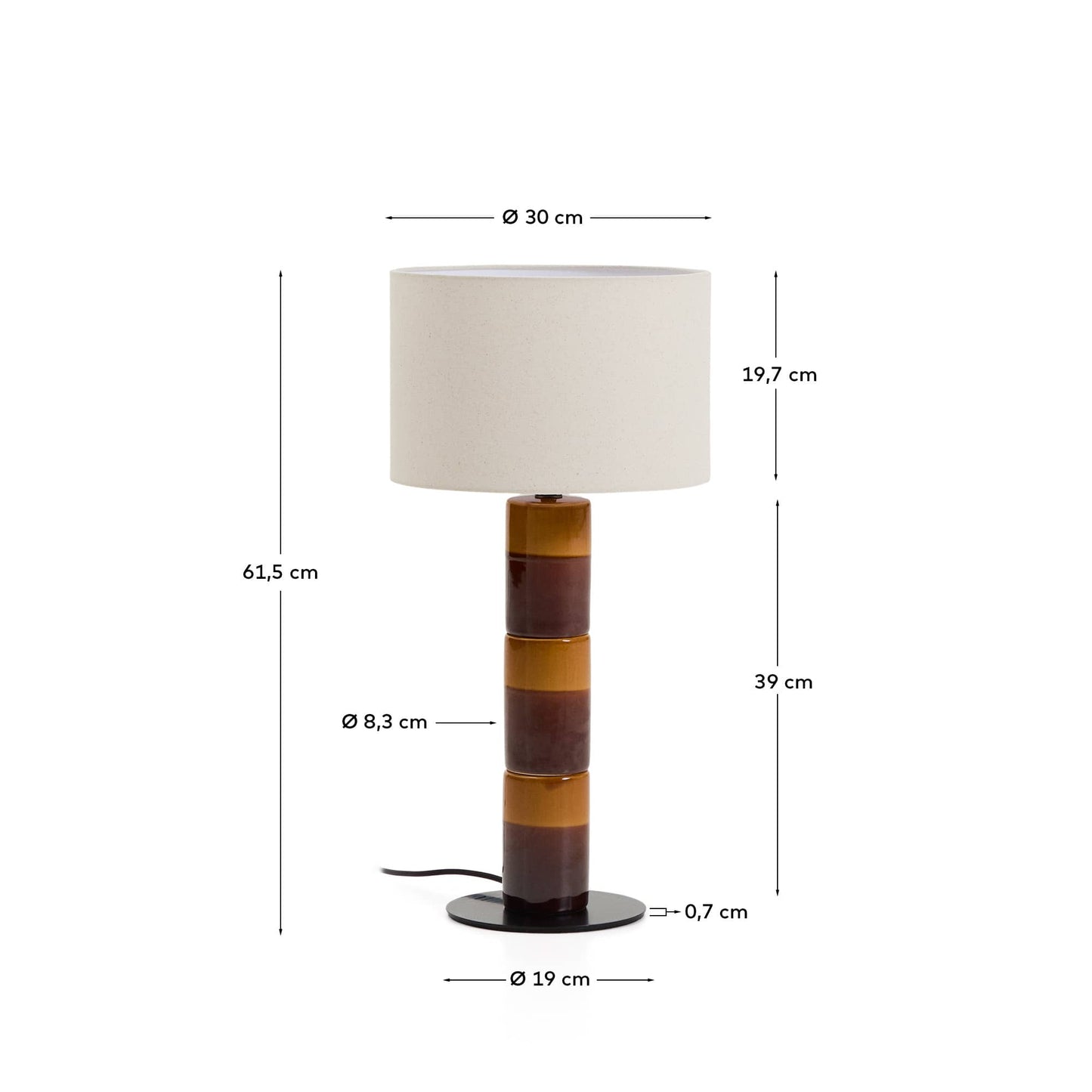 Lampada da tavolo Mavran con base in ceramica marrone e senape e paralume in cotone