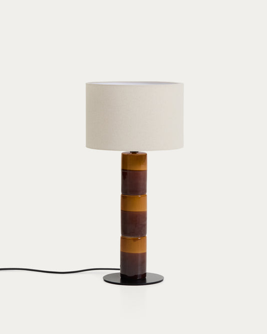 Lampada da tavolo Mavran con base in ceramica marrone e senape e paralume in cotone