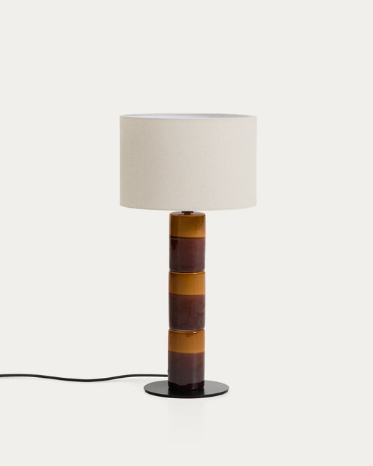 Lampada da tavolo Mavran con base in ceramica marrone e senape e paralume in cotone